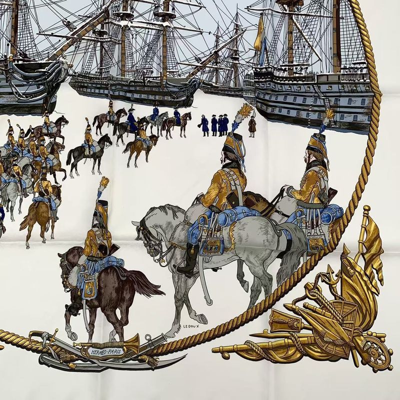Hermes Carre 90 Marine ET Cavalerie Sea And Cavalry Silk Scarf White
