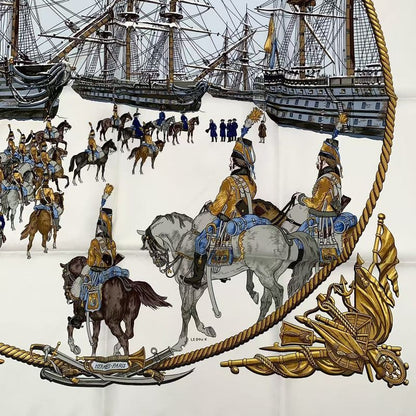 Hermes Carre 90 Marine ET Cavalerie Sea And Cavalry Silk Scarf White