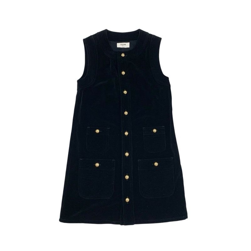 Celine Dress Cotton Black Gold Triomphe Velor Sleeveless