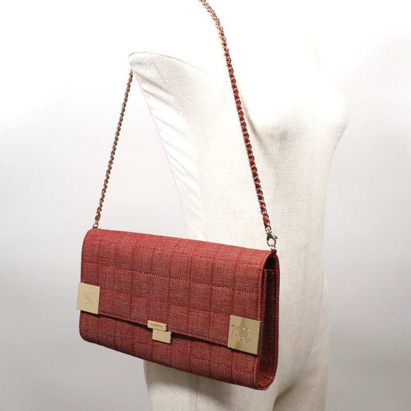 Chanel Chain Shoulder Chocobar Line Cotton Canvas Red Ladies Shoulder Bag