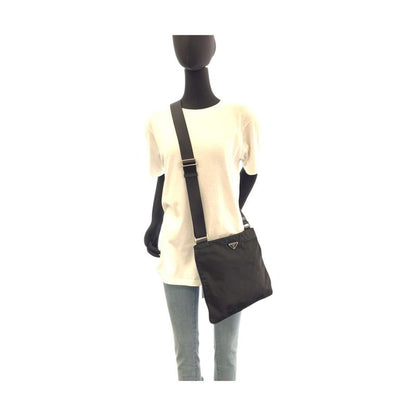 Prada Tessuto Triangle Logo Plate Unisex Black Silver Hardware Nylon Shoulder