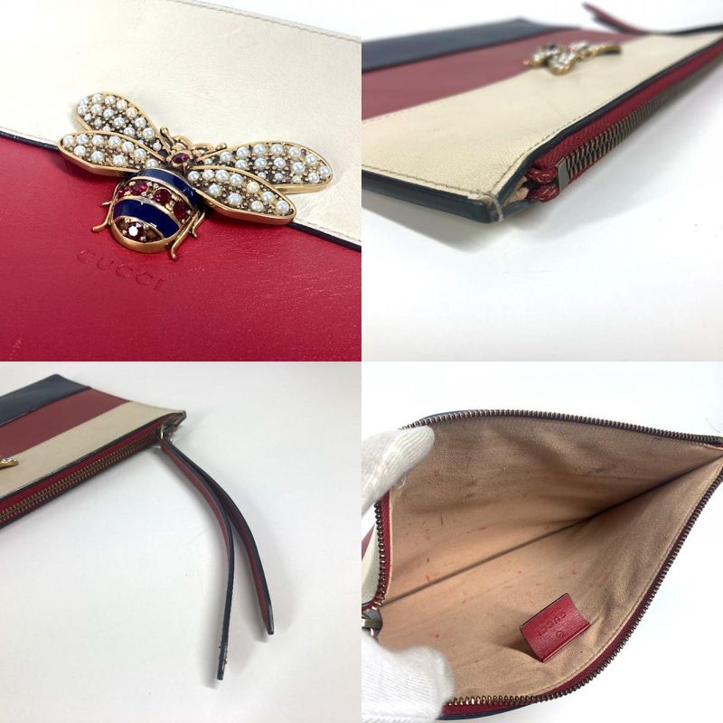 Gucci Clutch Bag BEE Striped Pearl Rhinestone 476077 Leather Red