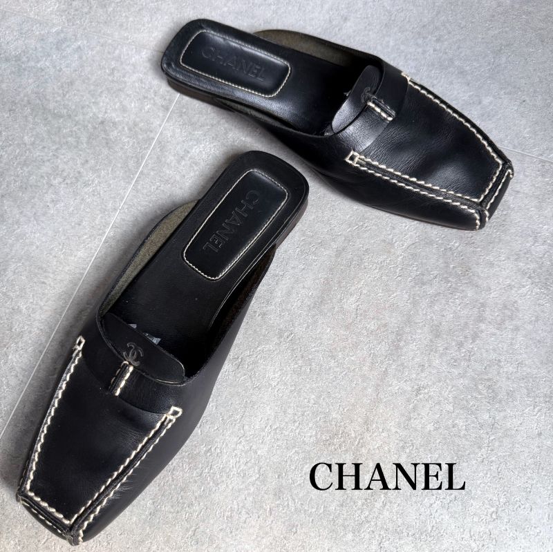 Chanel Coco Mark Leather Stitching Slip-on Sandals Black 34 1 2 21.5cm (8.46in)