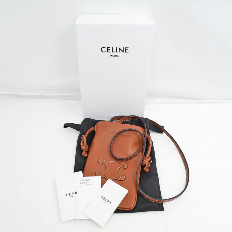 Celine Drawstring Mobile Pouch Shoulder Bag Cuill Triomphe Tan Brown