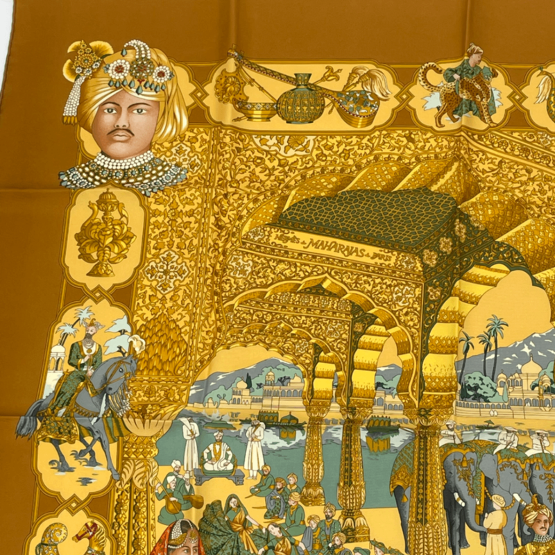 Hermes Carre 90 Silk Scarf Splendeur DES Maharajas Splendor Yellow Multicolor
