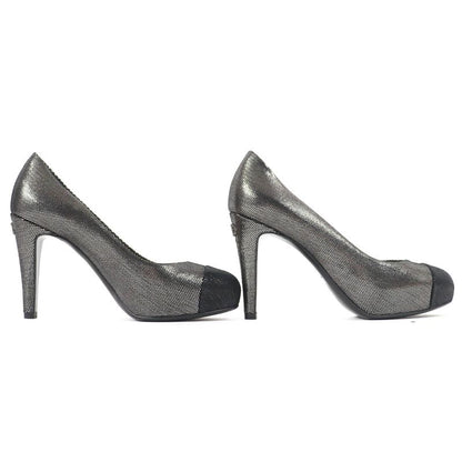 CHANEL G28557 Coco Mark Rhinestone Metallic Leather Cap Toe Platform Pumps