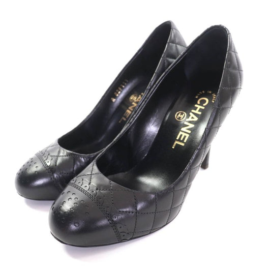 CHANEL G29111 Perforated Coco Mark Matelasse Almond Toe Leather Pumps Black