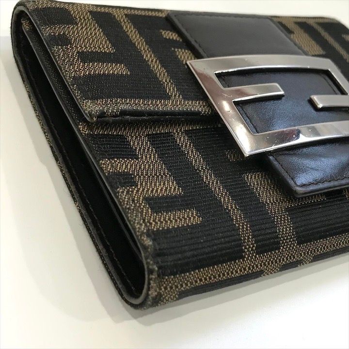 Fendi Zucca Trifold Wallet Compact FF Plate Canvas Leather Brown
