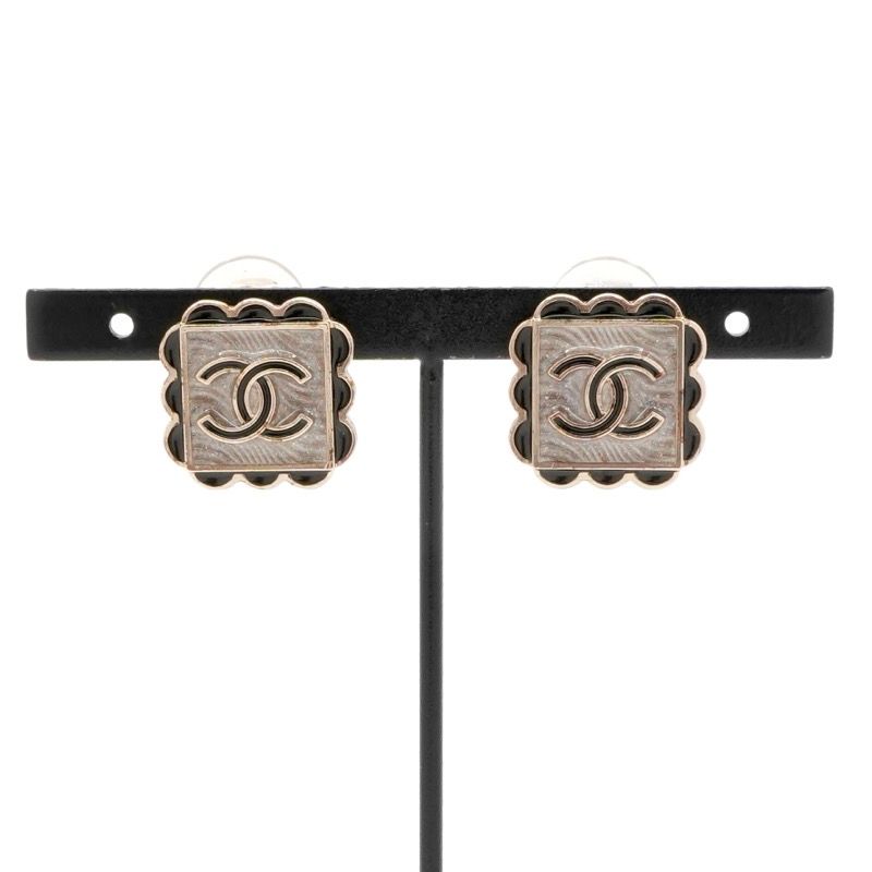 Chanel Earrings Earring Gold Black Gray Here Mark