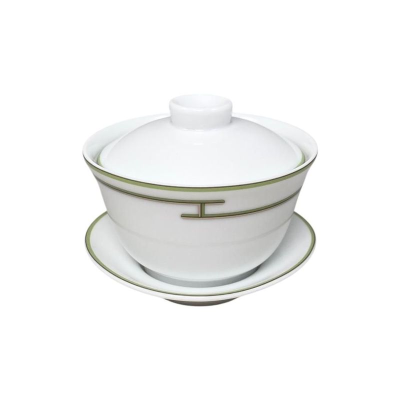 Hermes Teacup Rhythm Asian Teacup and Saucer with Lid H Logo Green White Hermes