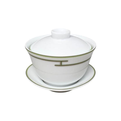 Hermes Teacup Rhythm Asian Teacup and Saucer with Lid H Logo Green White Hermes
