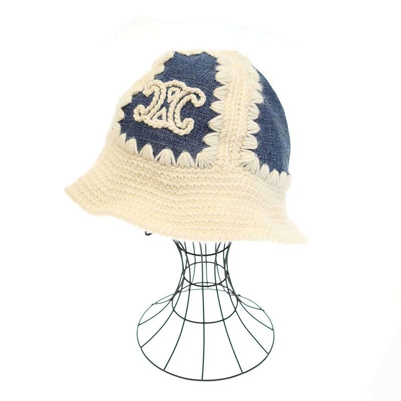 Celine 24ss Triomphe Bucket Hat Crocheted Wool and Denim Triomphe Bucket Hat