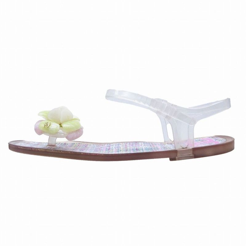 Chanel Camellia Coco Mark Thong Sandals Flip Flops Flat Tweed Pattern 38 24cm