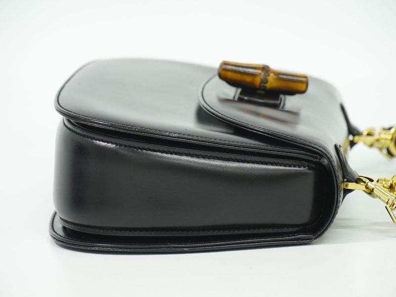 Authentic Gucci Bamboo 2WAY Shoulder Bag Handbag Pochette Leather Black Bamboo