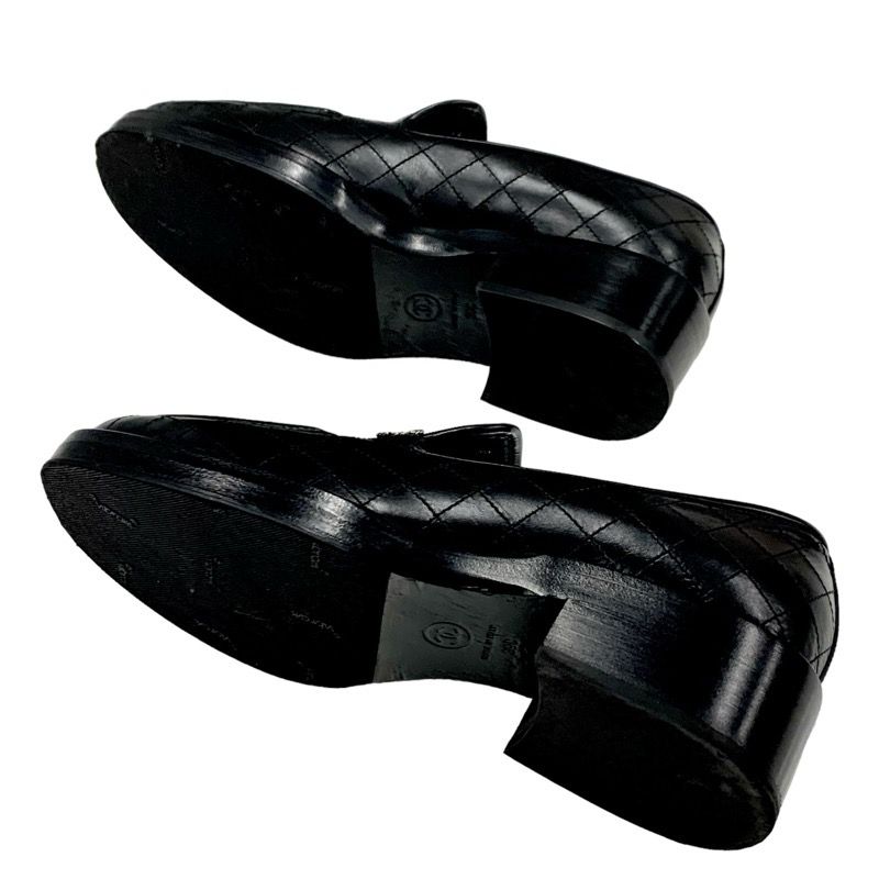 Chanel Loafer Leather Shoes Leather Black Silver Matelasse Here Mark