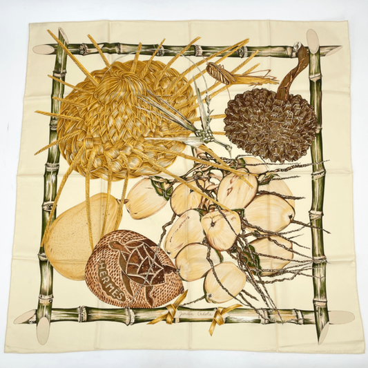 Hermes Carre 90 Jardin Creole Cles Or's Paradise Silk Scarf Beige And Yellow