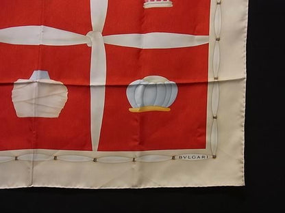 AttireBvlgari 100% Silk Turban Hat Pattern Large Scarf Shawl Beige And Red