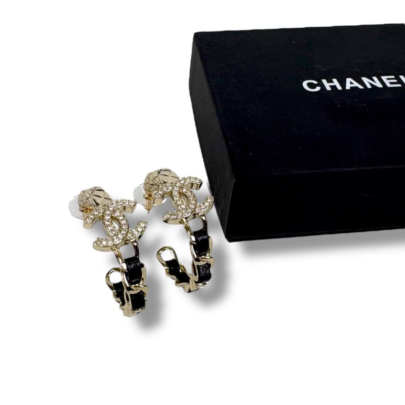Chanel Hoop Earrings Rhinestone Materasse Coco Chain Leather Lambskin Black