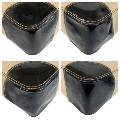 Prada Triangle Logo Plate Beige Black Silver Hardware Canvas/enamel Tote Bag