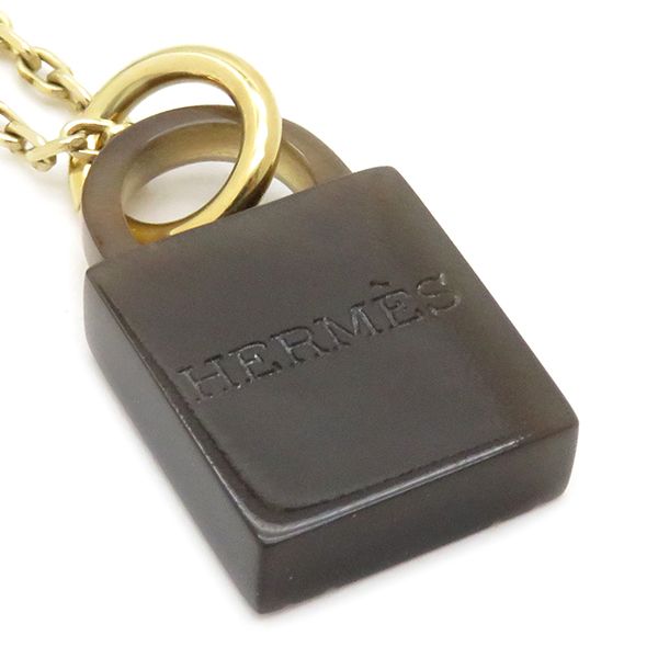 Hermes Necklace Amulet Padlock GM Buffalo Horn GP Brown and Gold Hardware