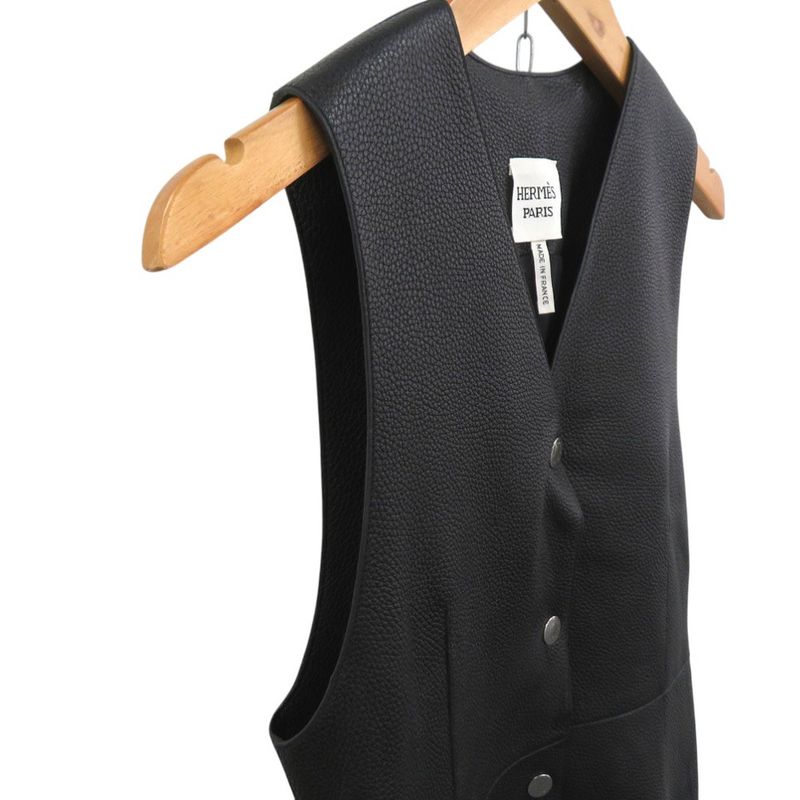 Hermes Long Gilet Deerskin Vest Deerskin Black 0260 Hermes