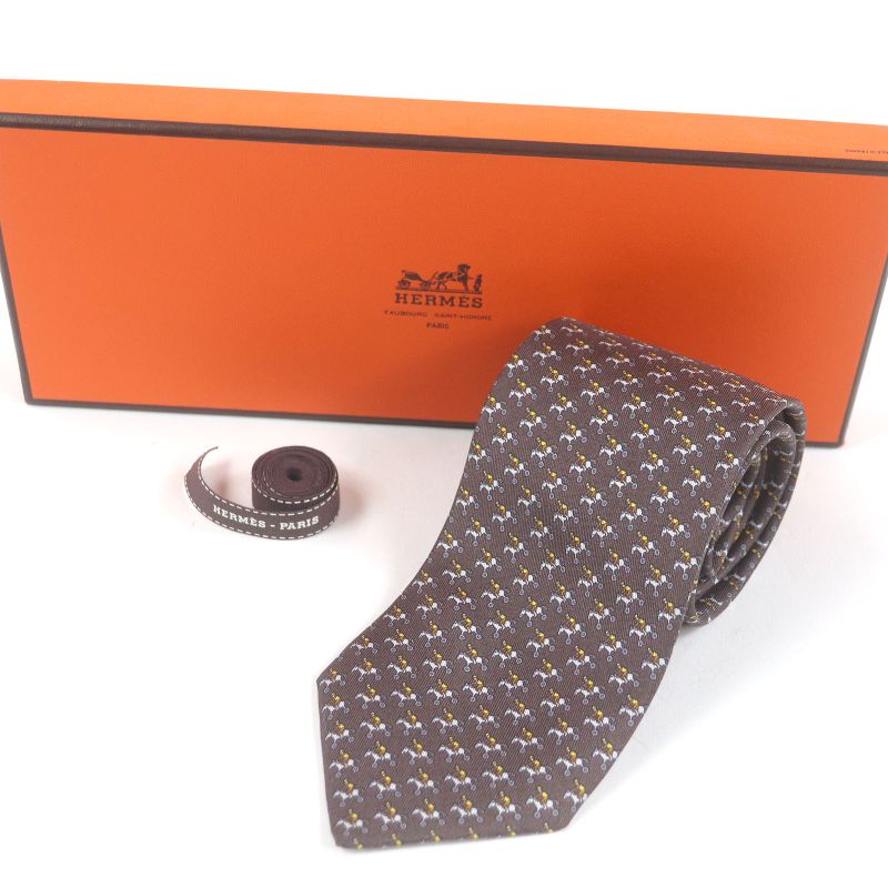 Hermes 625657 100% Silk Jockey&toy Horse All Over Regular Tie Brown With Box