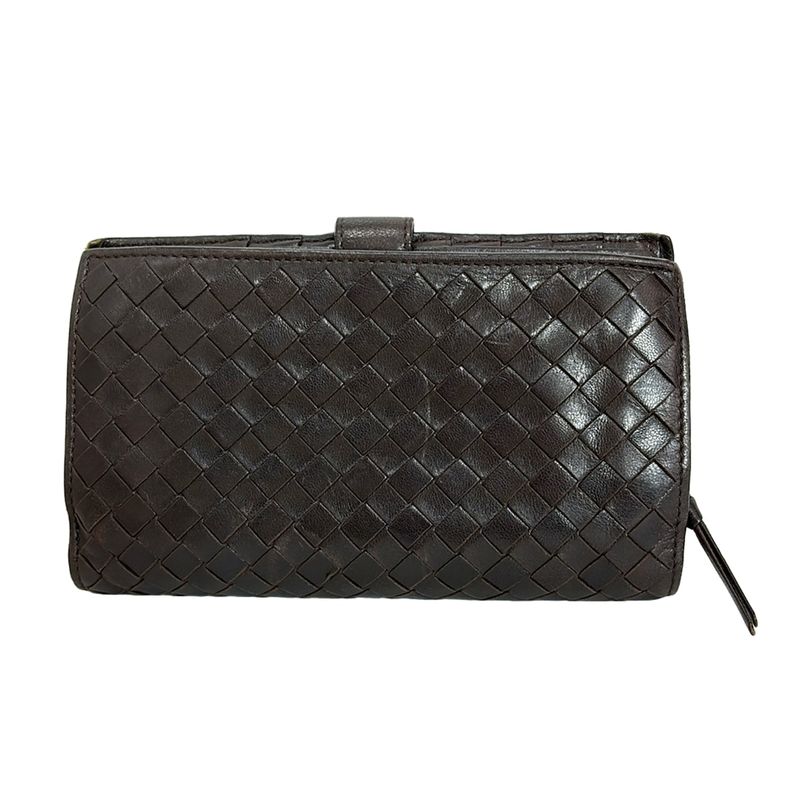 Bottega Veneta Bifold Wallet Intrecciato 114074 Dark Brown Round Zipper Leather