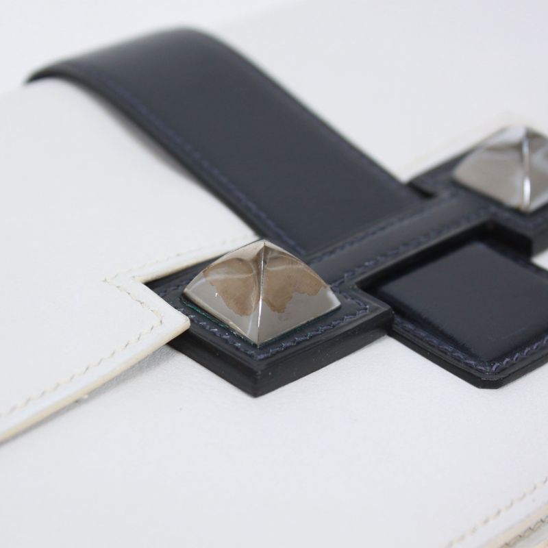 Hermes Medor Box Calf Black And White Clutch Bag Silver