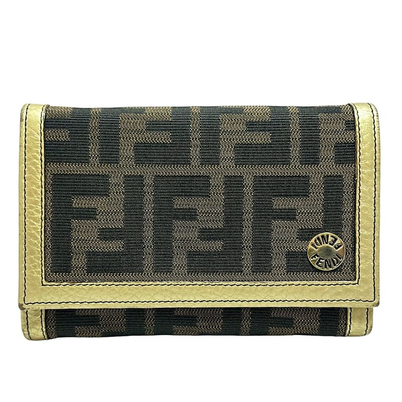 Fendi Bifold Wallet In Zucca Pattern 8m0029 Beige Dark Brown And Gold Leather