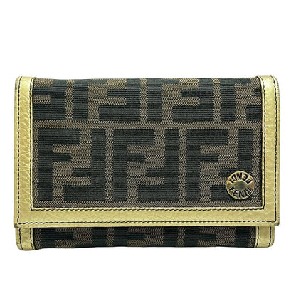 Fendi Bifold Wallet In Zucca Pattern 8m0029 Beige Dark Brown And Gold Leather