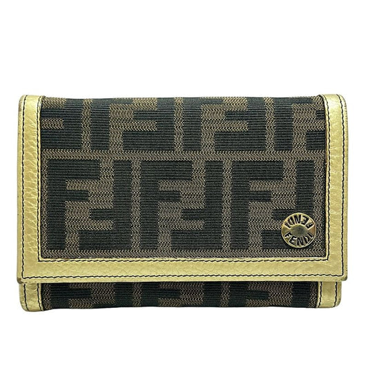 Fendi Bifold Wallet In Zucca Pattern 8m0029 Beige Dark Brown And Gold Leather
