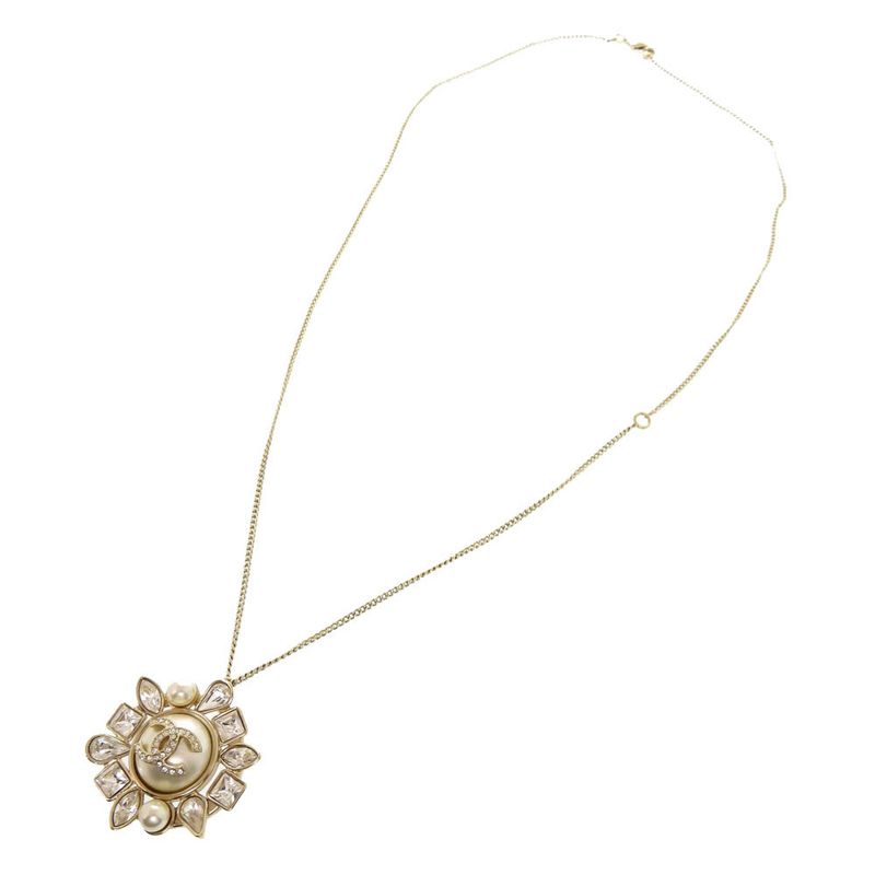 Chanel Faux Pearl Stone Chien Pan Gold B19K Coco Mark Necklace Accessory 0998