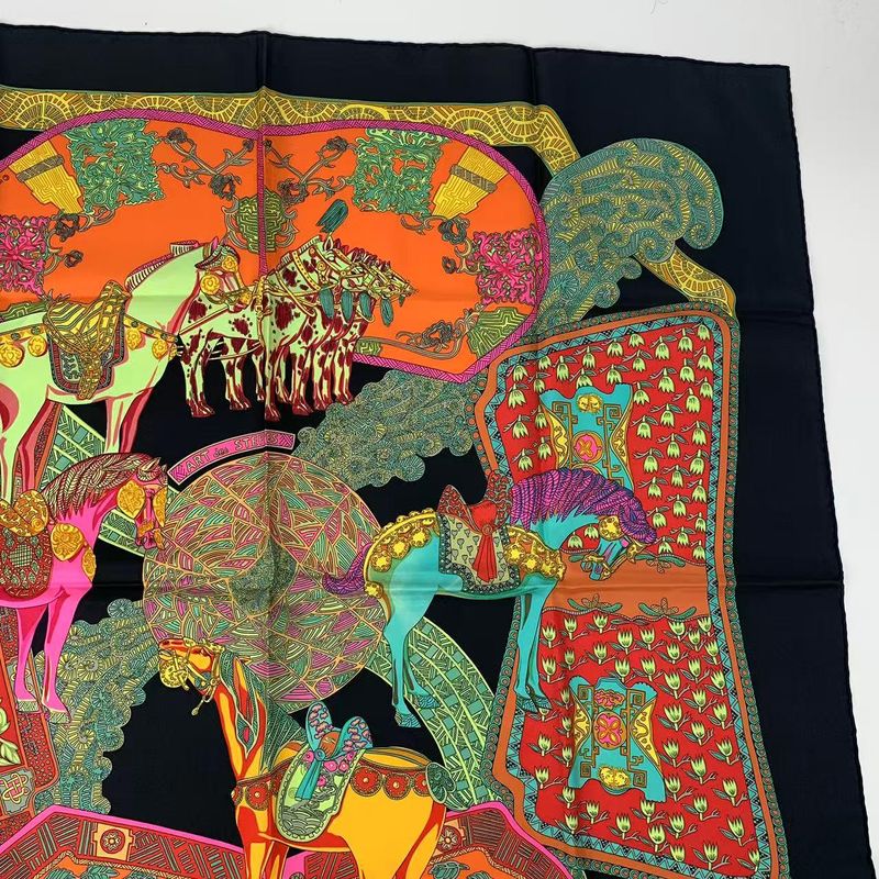 Hermes Carre 90 Artdessteppes Step Art Scarf Black Silk Black