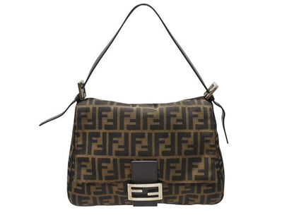 Fendi Mamma Baguette Shoulder Bag Zucca Pattern Cotton Canvas Brown Silver