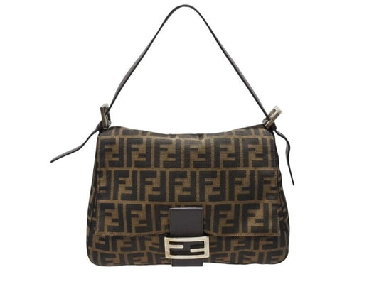 Fendi Mamma Baguette Shoulder Bag Zucca Pattern Cotton Canvas Brown Silver