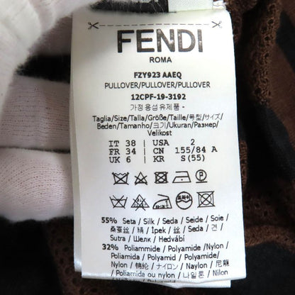 Fendi Fzy923 55% Silk Pecan High Neck Sheer Mesh Design Long Sleeve Top Brown