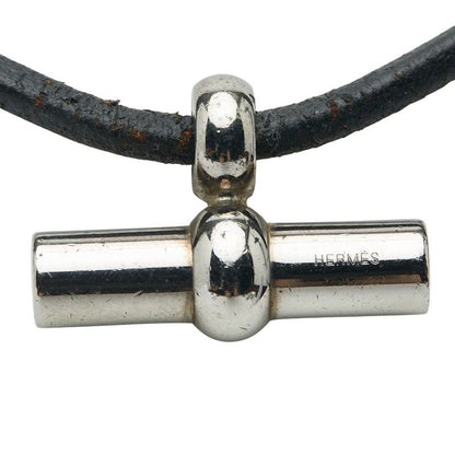 Hermes Glenan Necklace Choker Silver Black Metal Leather Women Hermes