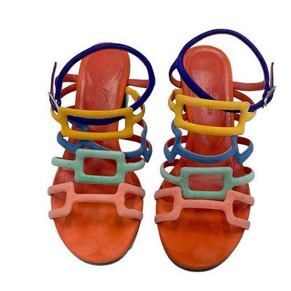 Hermes Sandals Shoes Suede Multicolor Square