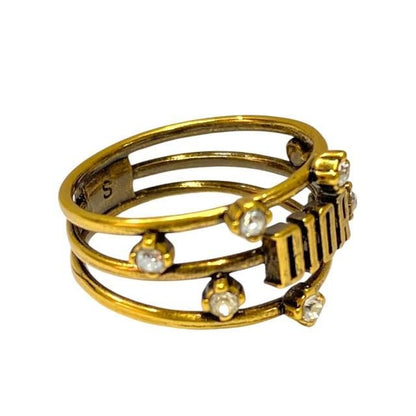 Christian DIOR Jadior Ring Double Finger Ring Logo GP Rhinestone Gold #9 (size