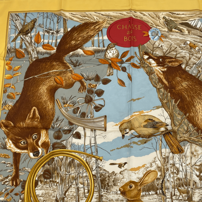 Hermes Carre 90 Chasse Au BOIS Hunting In The Woods Yellow Scarf 100% Silk