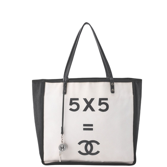 Chanel Tote Bag Coco Mark Canvas With Whistle Charm White And Black Silver