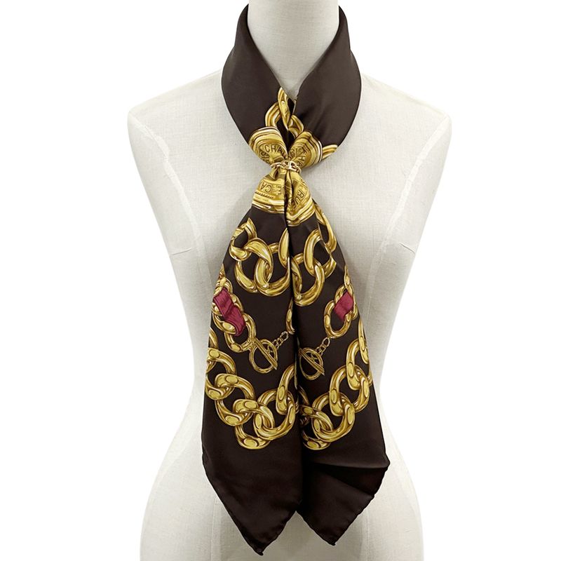 Chanel Scarf Women's Brand Cambon Coco Mark Silk Brown Yellow Chain Gold Dark