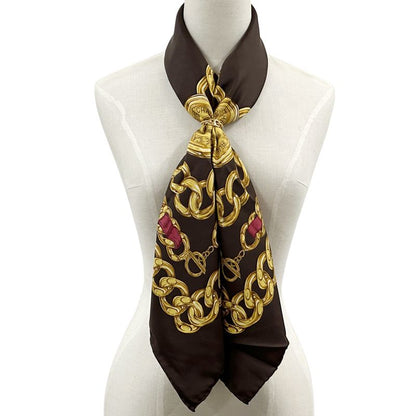 Chanel Scarf Women's Brand Cambon Coco Mark Silk Brown Yellow Chain Gold Dark