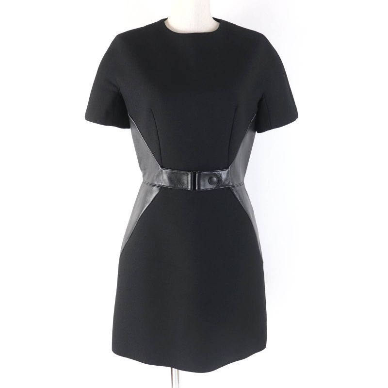Louis Vuitton Fhdr73qis Wool Silk Blend Leather Short Sleeve Dress Black 34