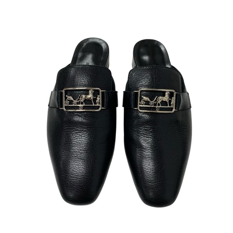 Hermes Vincennes Sandals Shoes Leather Black Silver Mule Carriage Hardware