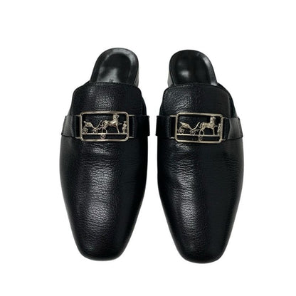 Hermes Vincennes Sandals Shoes Leather Black Silver Mule Carriage Hardware