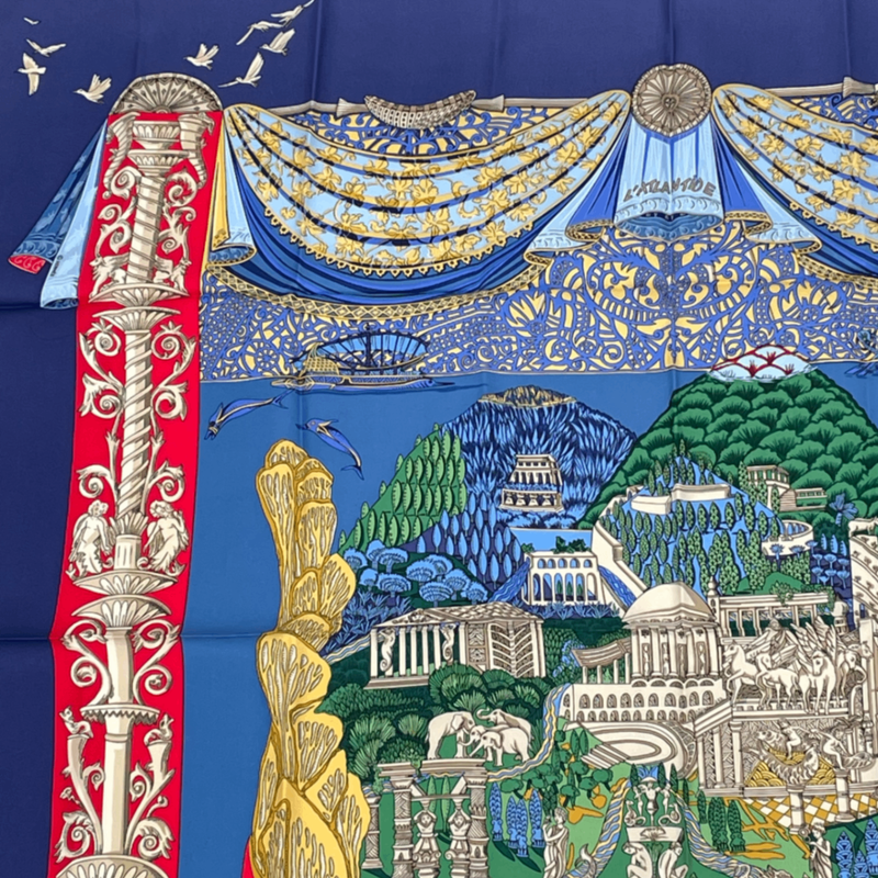 Hermes Carre 90 L Atlantide Atlantis Continental Silk Scarf Navy