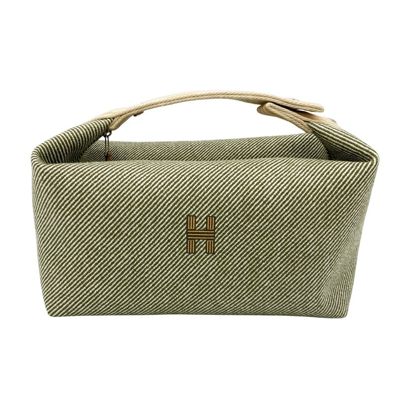 Hermes Brid A Black GM Pouch Wool Cotton Green Handbag For Bath Women