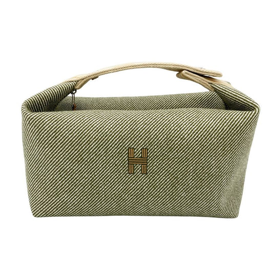 Hermes Brid A Black GM Pouch Wool Cotton Green Handbag For Bath Women