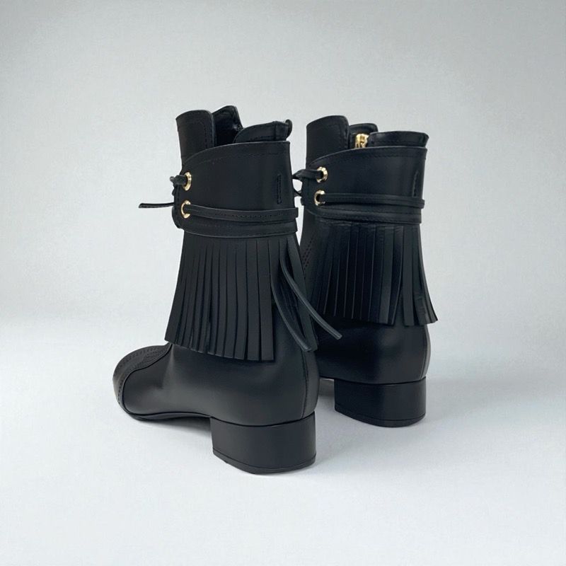 Chanel Boots Short Boots Shoes Leather Black Here Mark Fringe